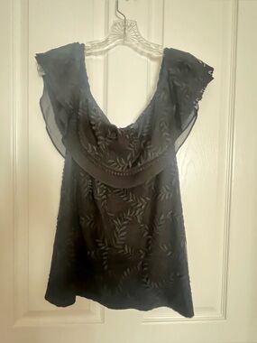 White House Black Market Black Embroidered Flutter Sleeve Top